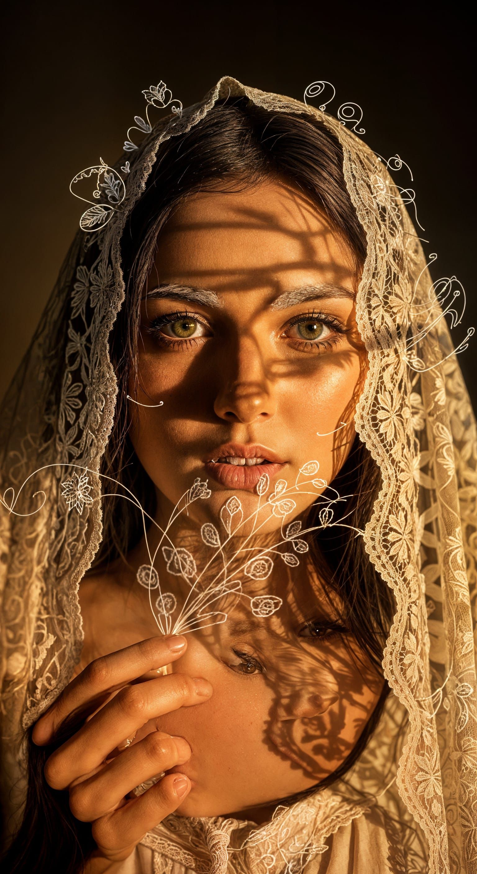 Woman with Lace Veil and Sunlight Shadows