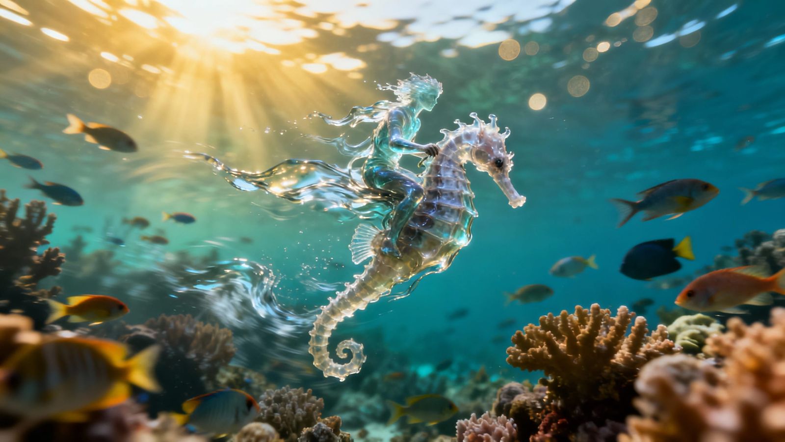 Water Elemental Riding Living Seahorse in Ocean Depths