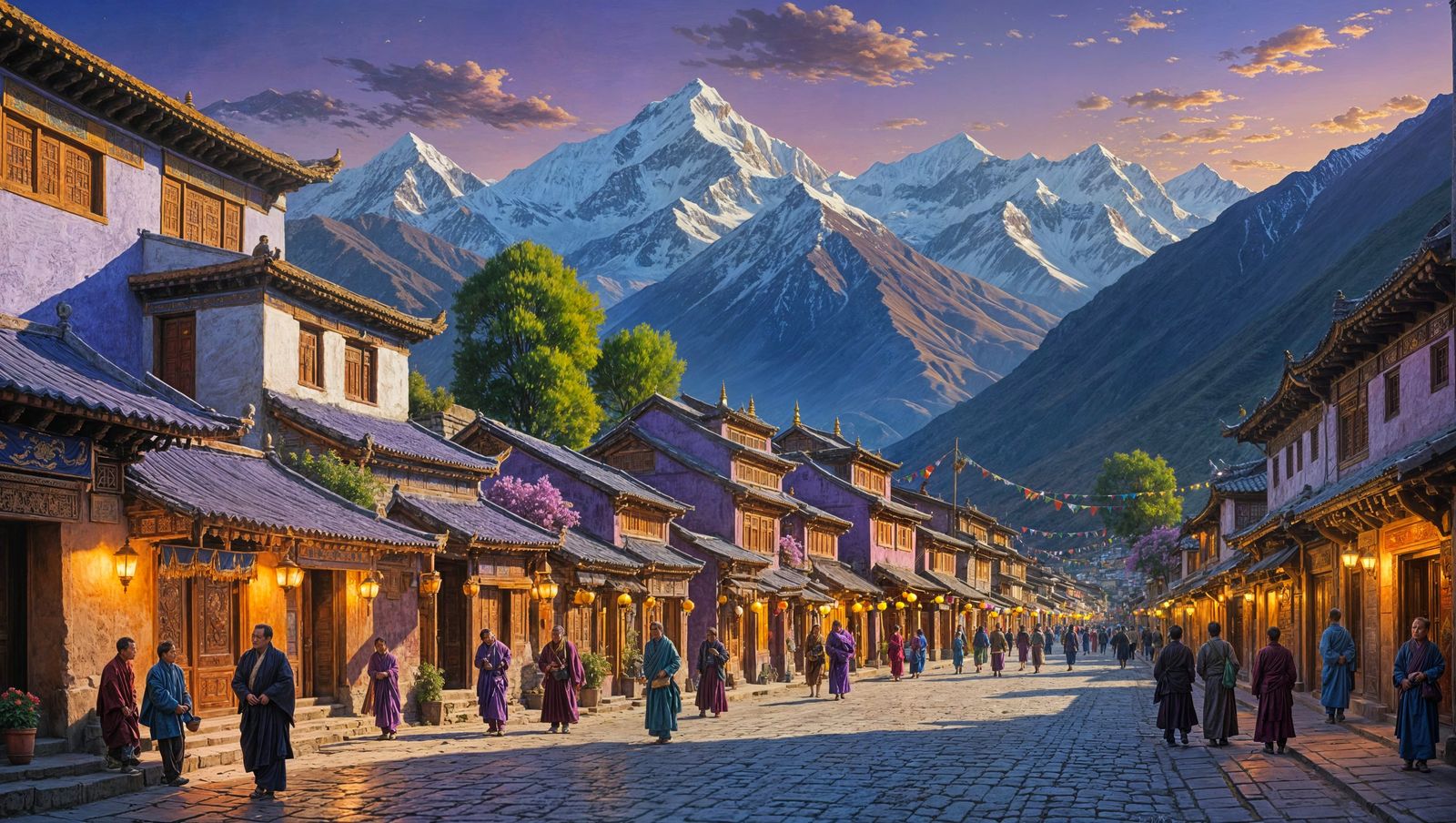 Tibetan Street Scene in Impressionist Style