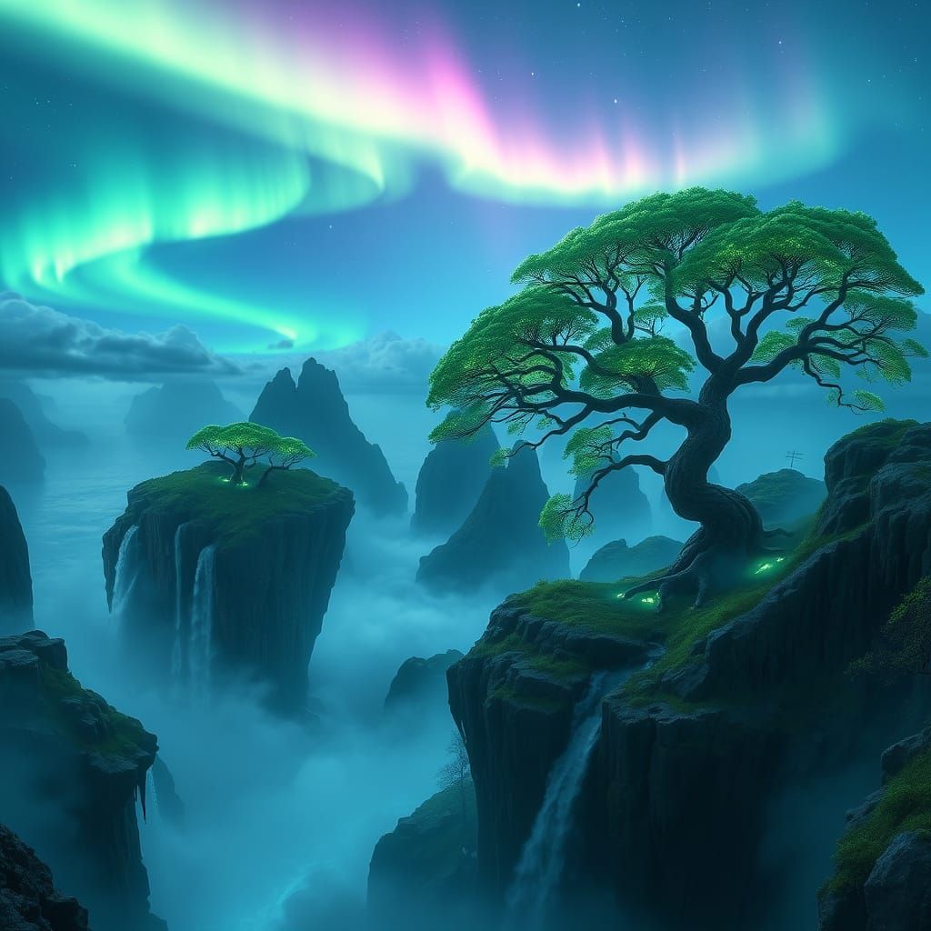 Emerald Floating Islands with Cosmic Aurora