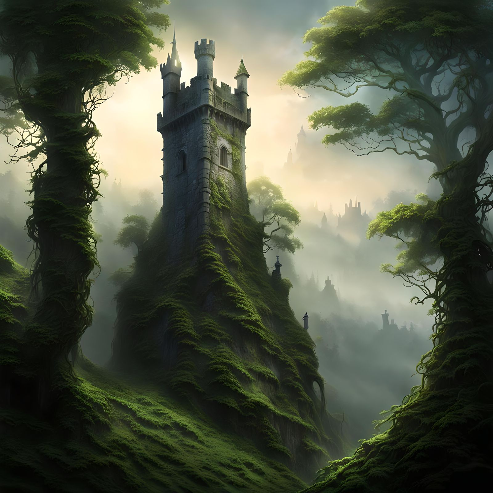 Ethereal Tower in Misty Forest Concept Art