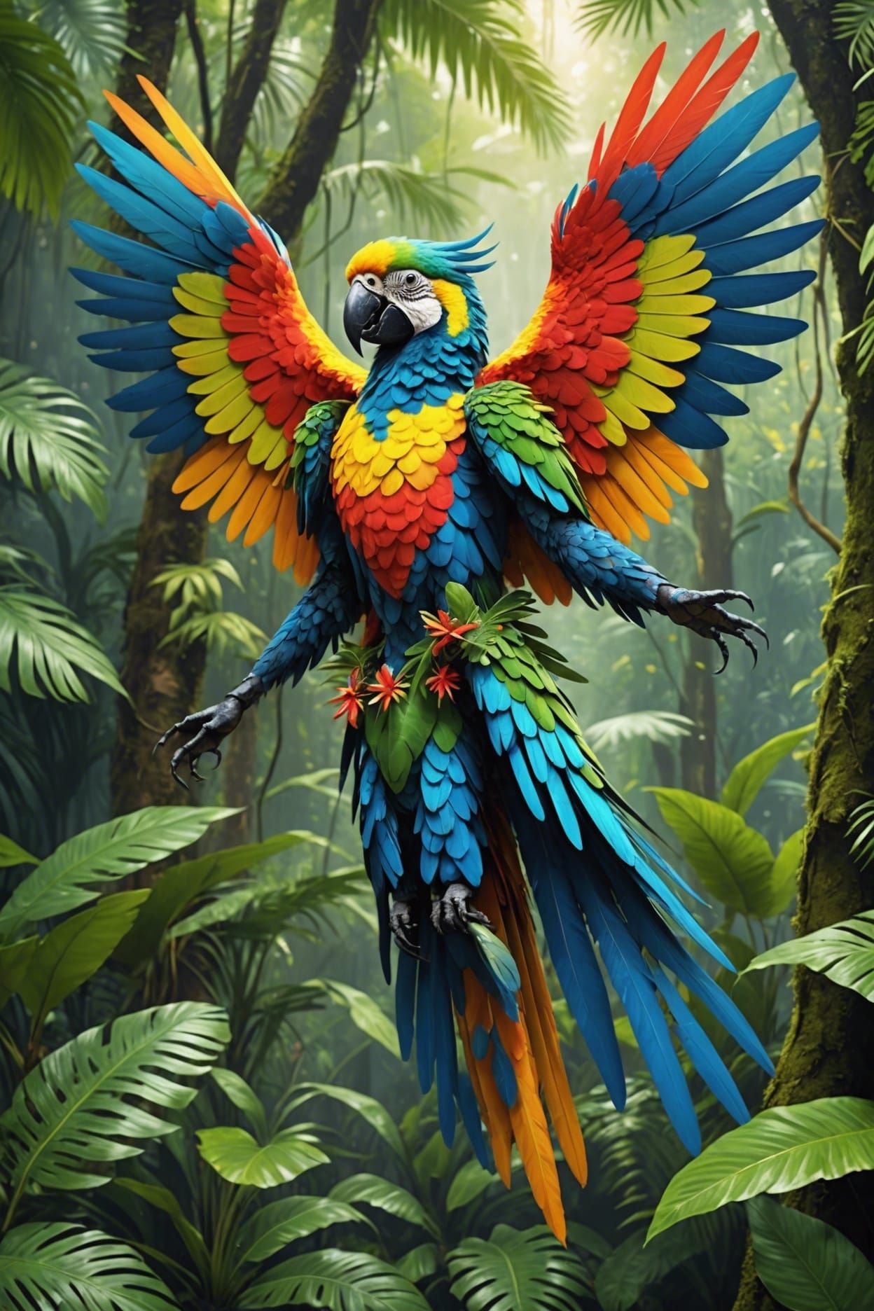 Human-Parrot Hybrid in Tropical Jungle