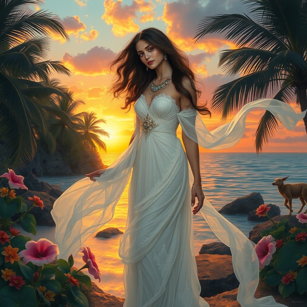 Ethereal Goddess on a Vibrant Island Shore