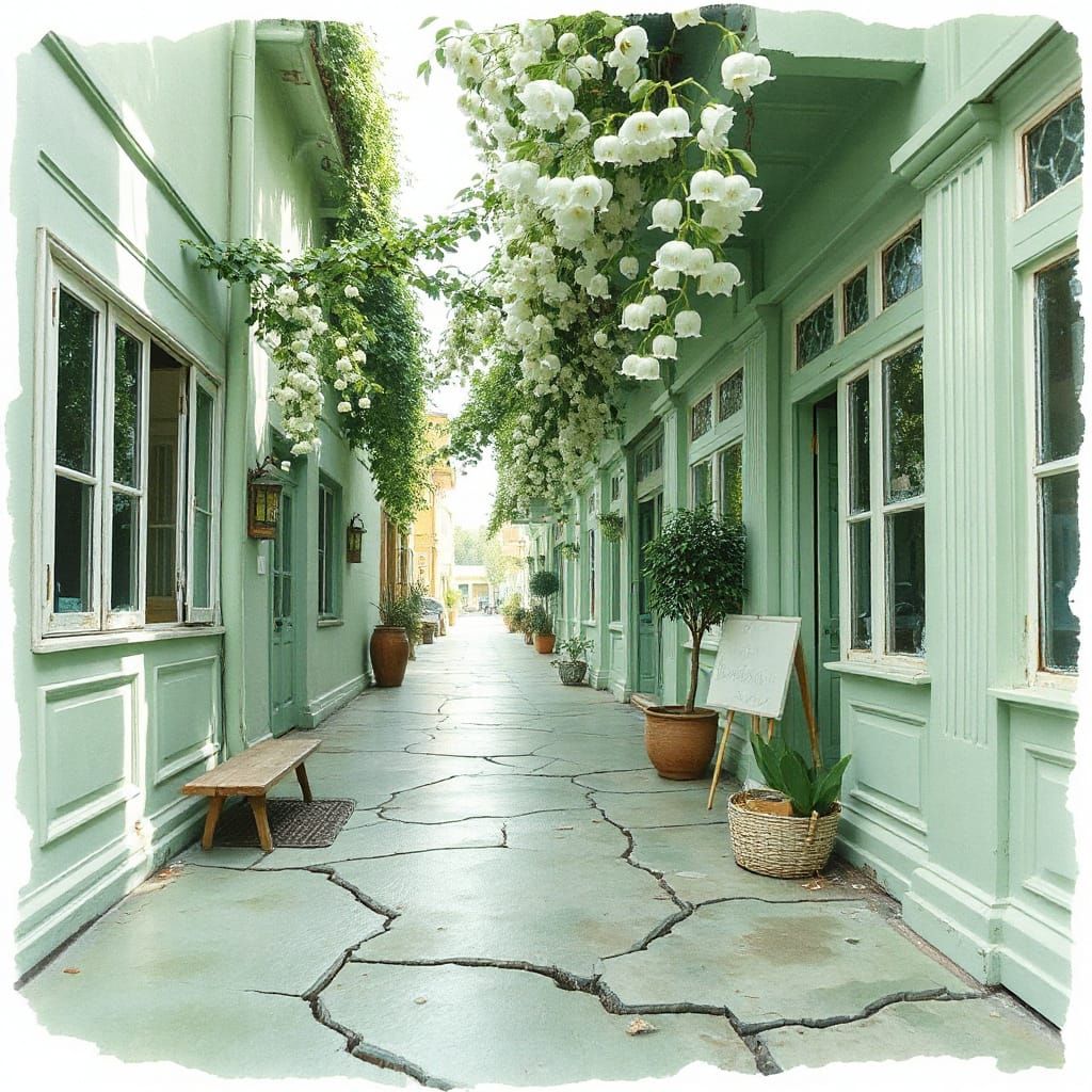 Lush Mint Green Market Scene in Watercolour