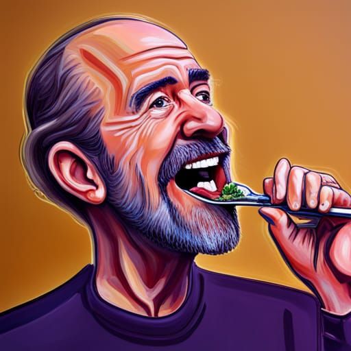 Hyperrealistic George Carlin Laughing Eating Salad