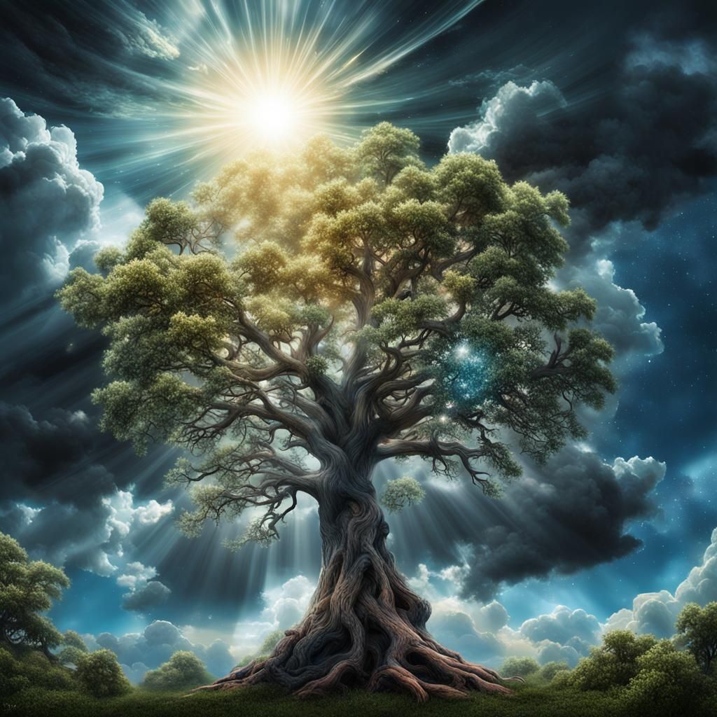 Tree Amidst Cloudy Sky with Moonlight: Fantasy Art
