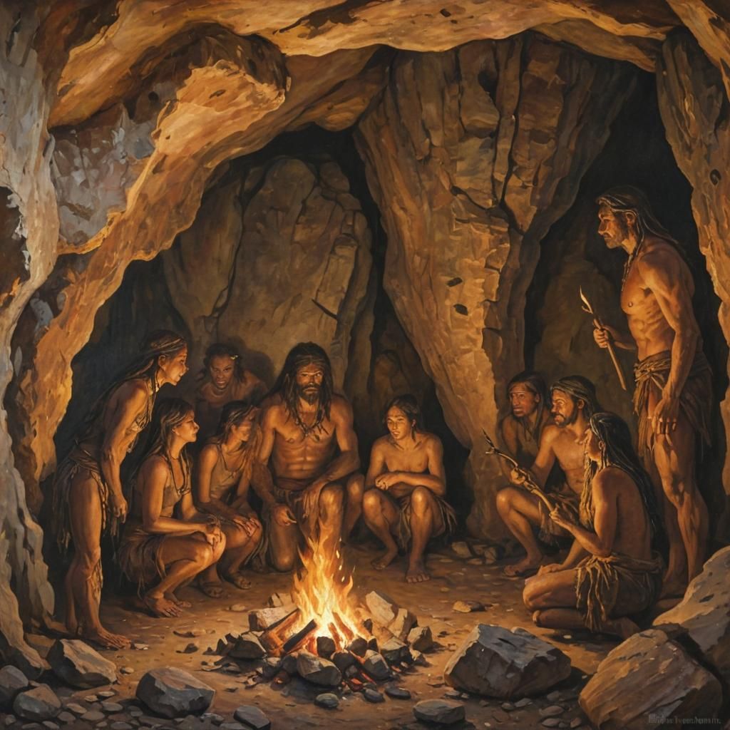 Prehistoric People Gather Around Cave Fire: Oil Painting