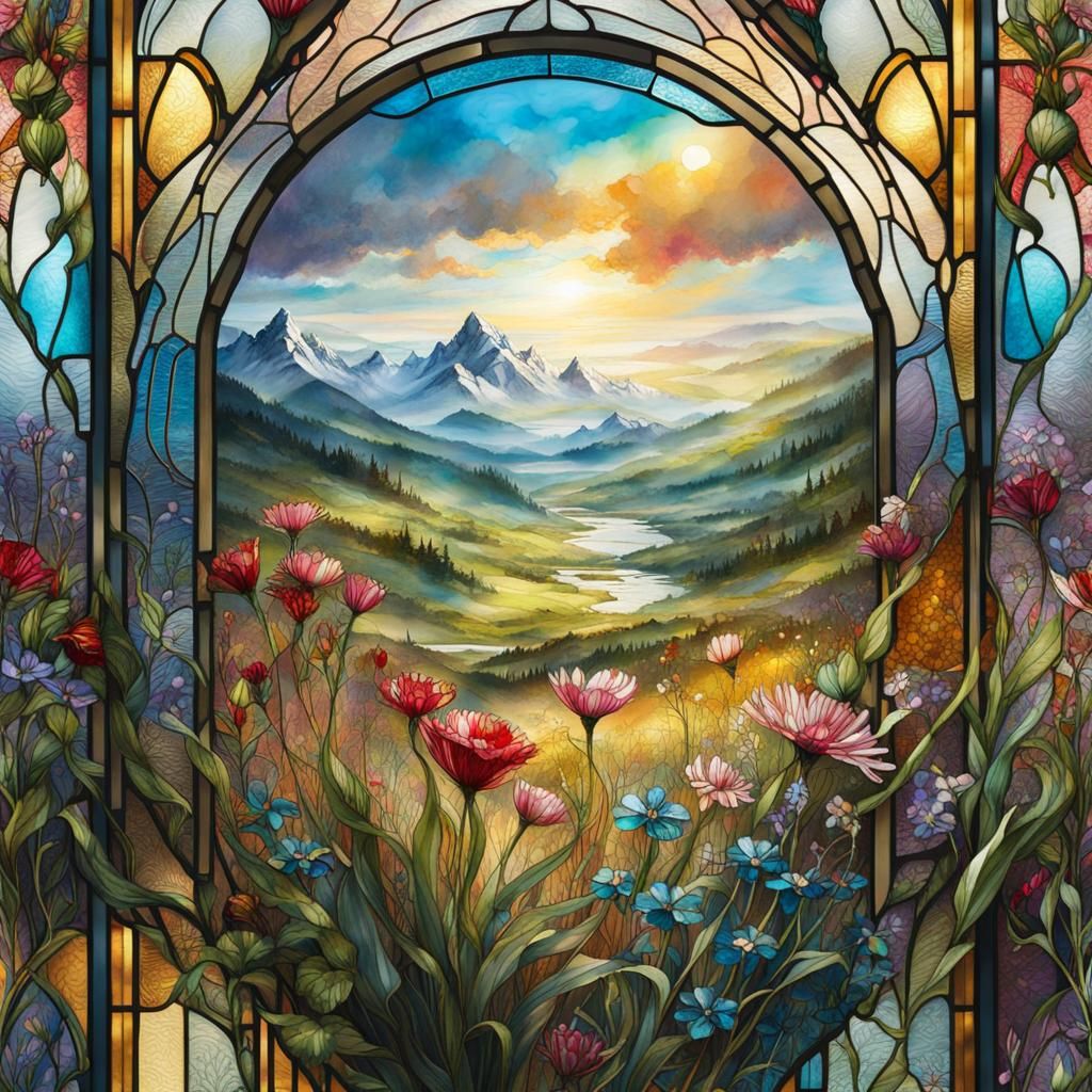 Stained Glass Meadow: A 3D Watercolor Illustration