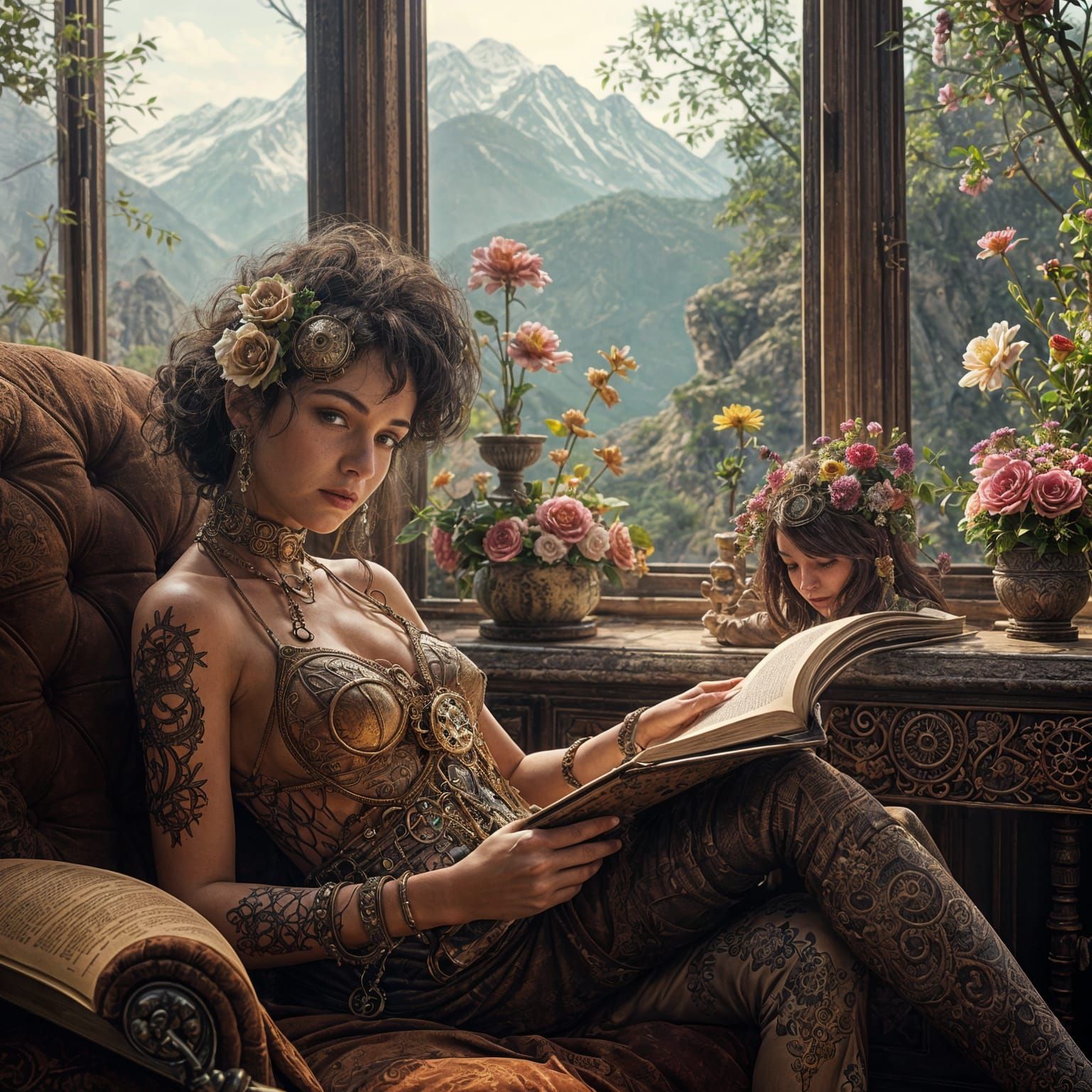 Steampunk Lady Reads Illuminated Book by Bay Window