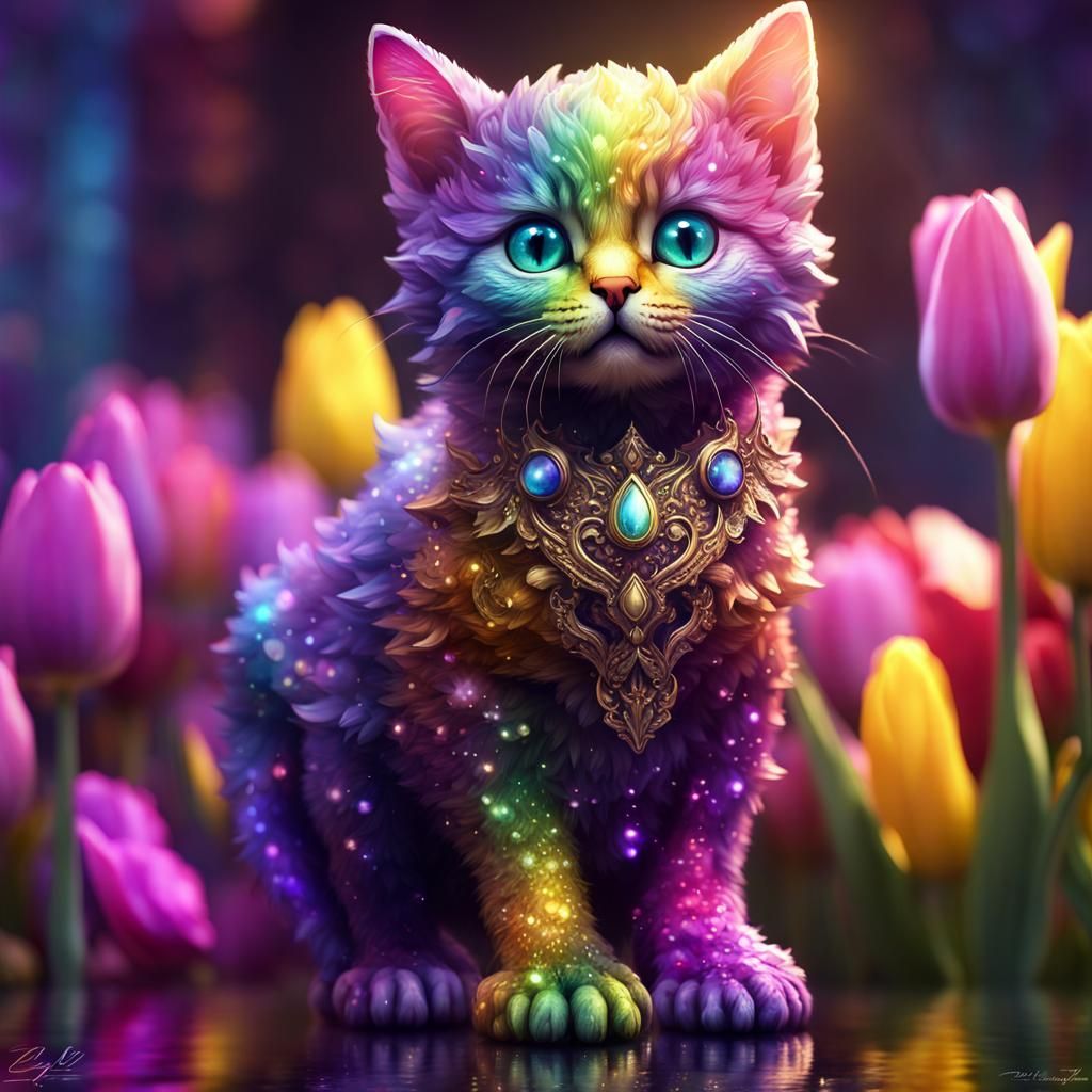 Jewel Kitten on Tulip: Dark Fantasy Concept Art