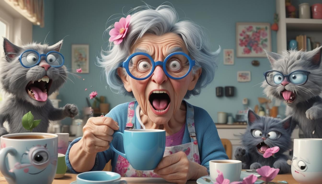 Angry Granny Surrounded by Cats in Pixar Style