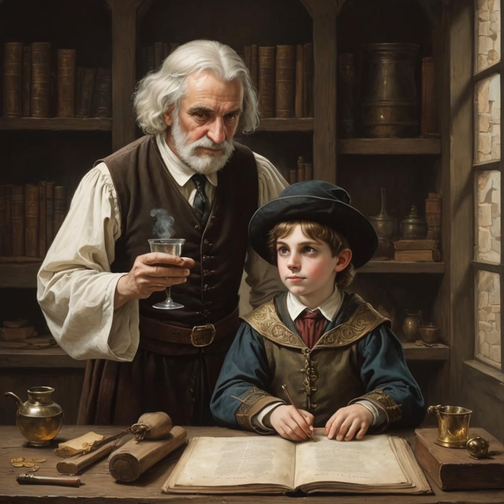Medieval Magician and Apprentice in Old Master Style