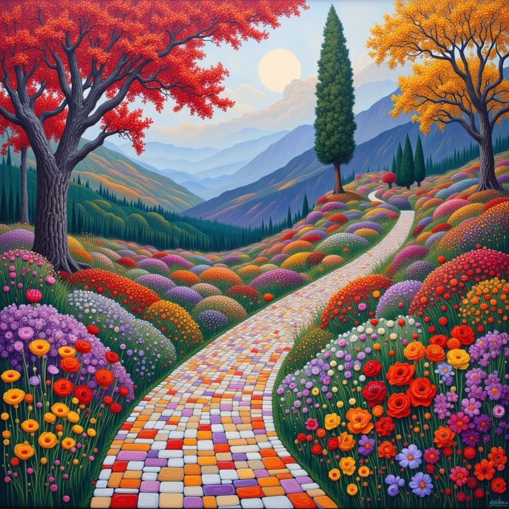 Surreal Mountain Garden in Klimt-Parrish Style