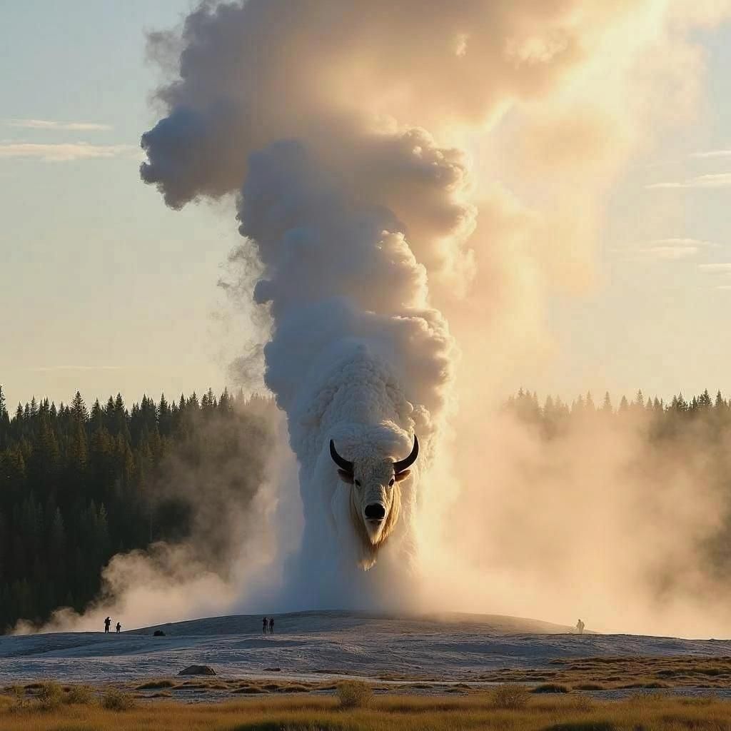 Old Faithful Geyser Eruption with Bison Steam