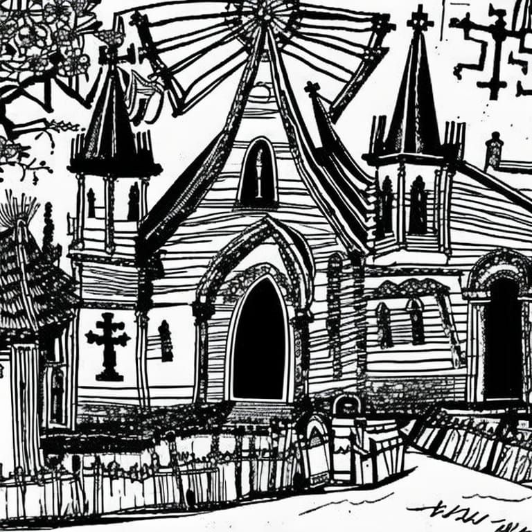 Ominous Medieval Church in Basquiat Style
