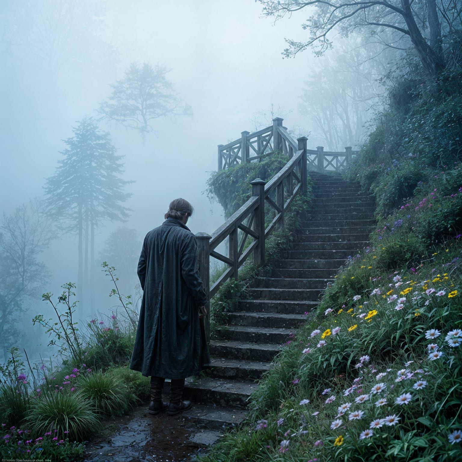 Mystical Stairway Dissolving into Fog