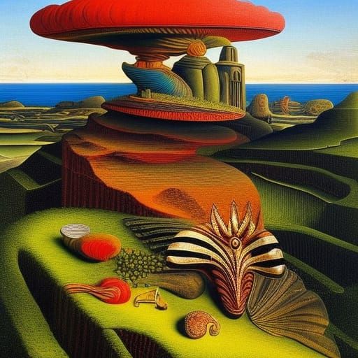 Surreal Sphinx on Lonely Beach in Bosch Style