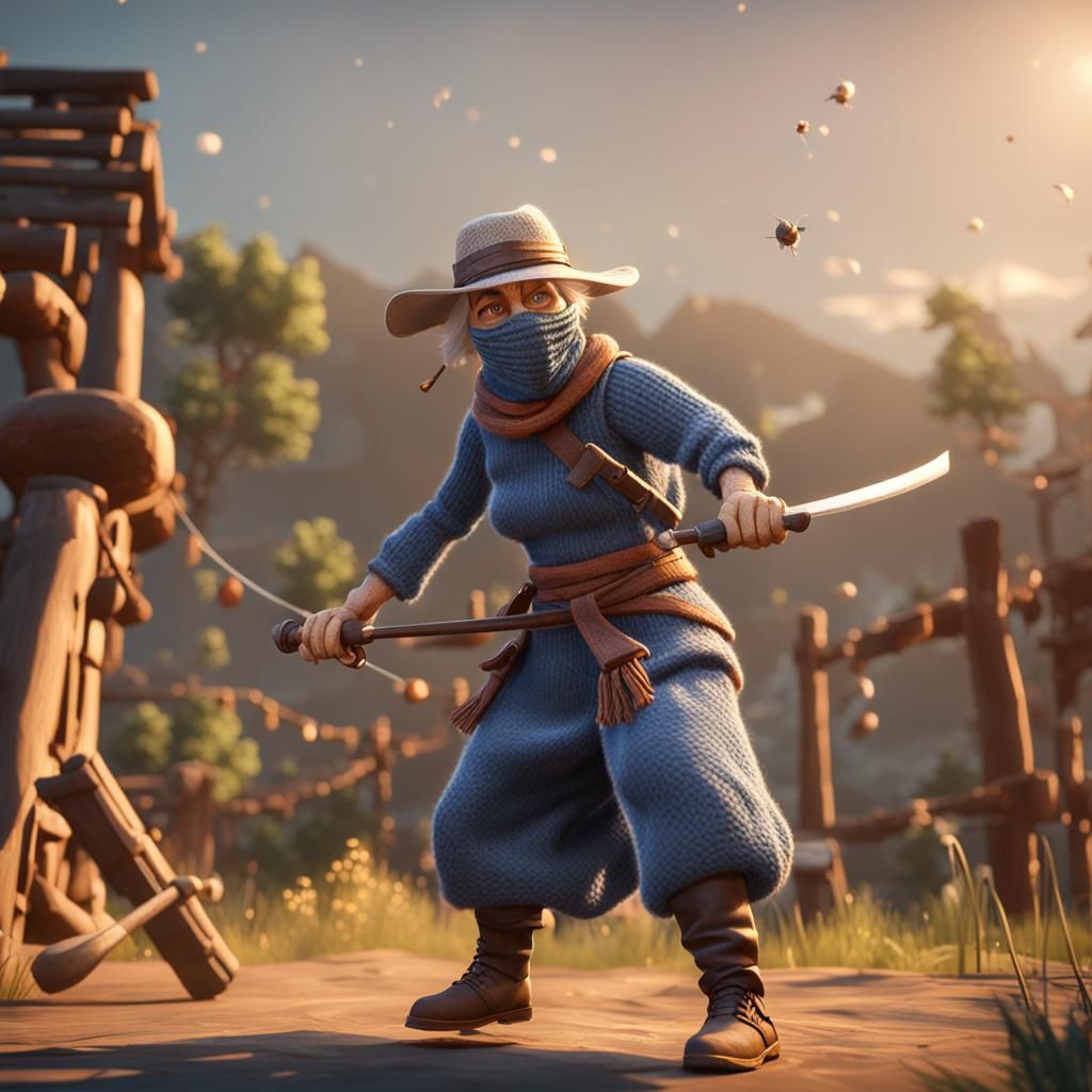 Cowboy Ninja Granny Knits in 3D Game Style