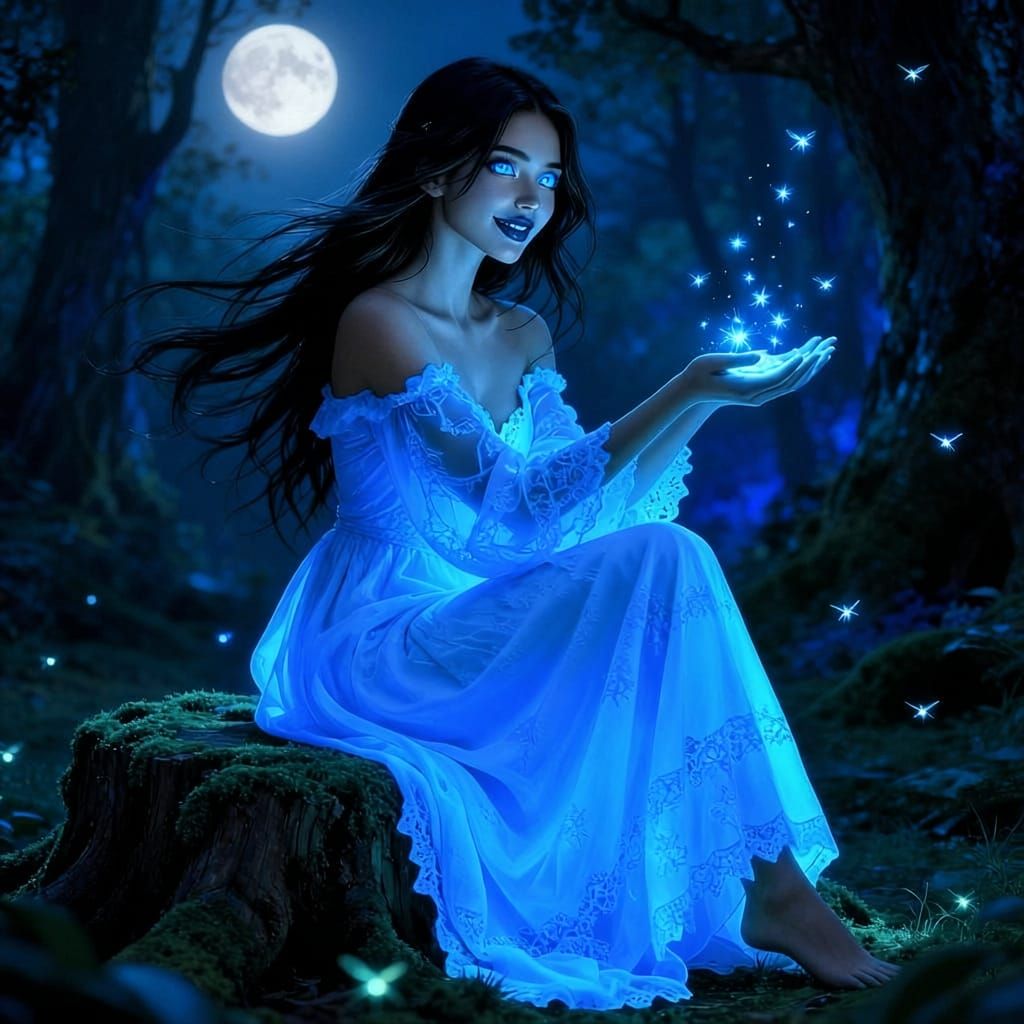 Woman with Glowing Blue Dress in Night Scene