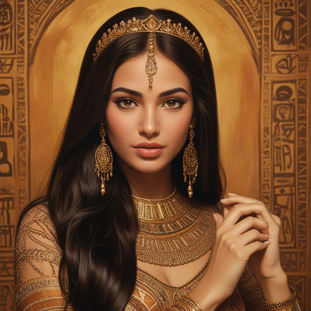 Elegant Egyptian Queen Applying Henna: Oil Painting