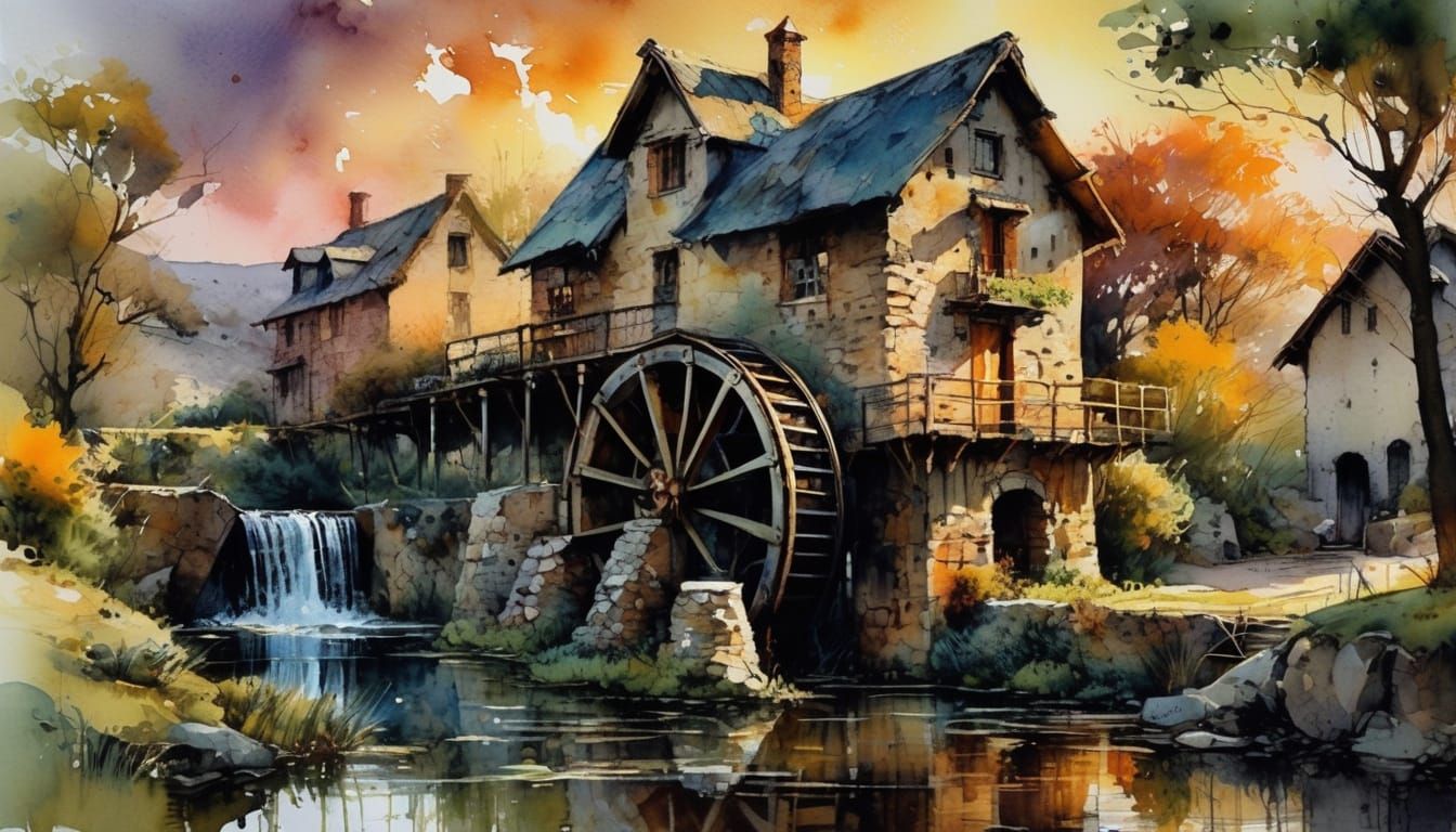 Whimsical Waterwheel in Sunset Countryside