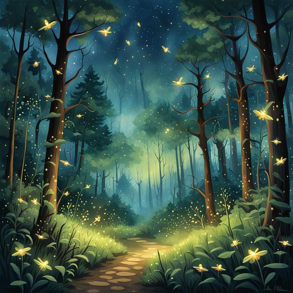 Fireflies Light Up Forest at Twilight
