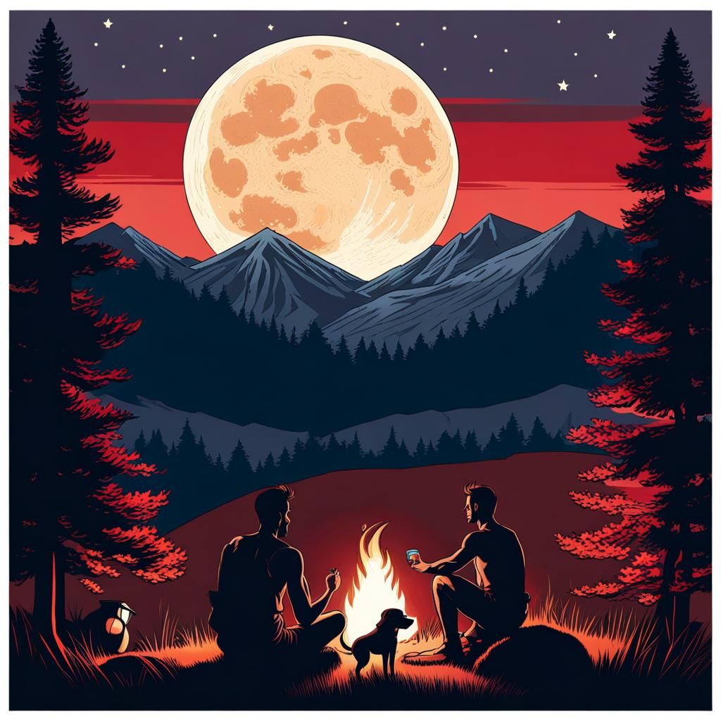 Peaceful Campsite Scene with Man and Dalmatian