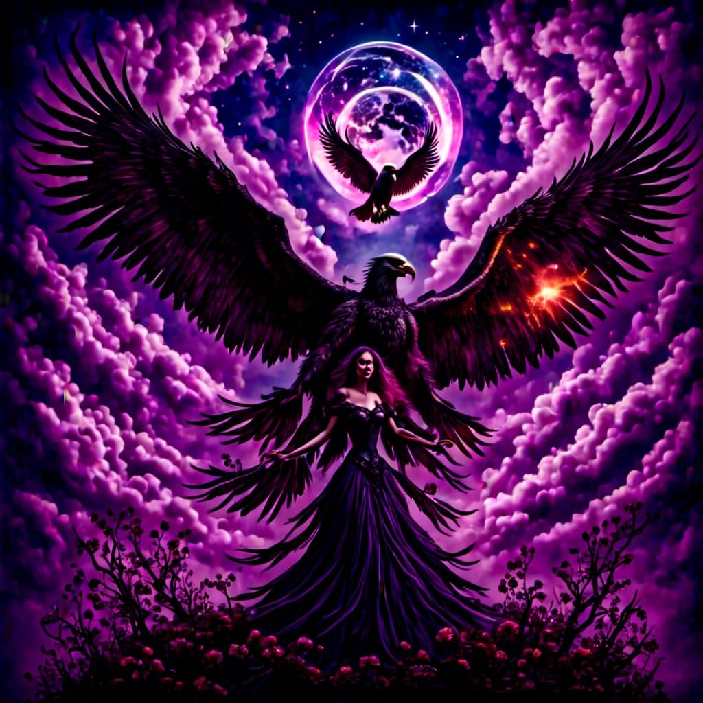 Eagle with Bioluminescent Wings in Gothic Setting