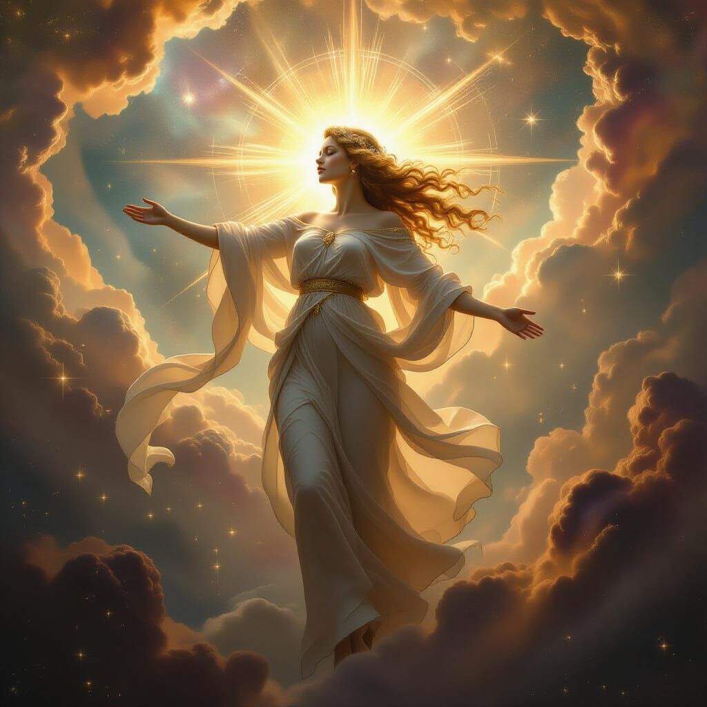 Ethereal Goddess Guiding Cosmic Order in Renaissance Style