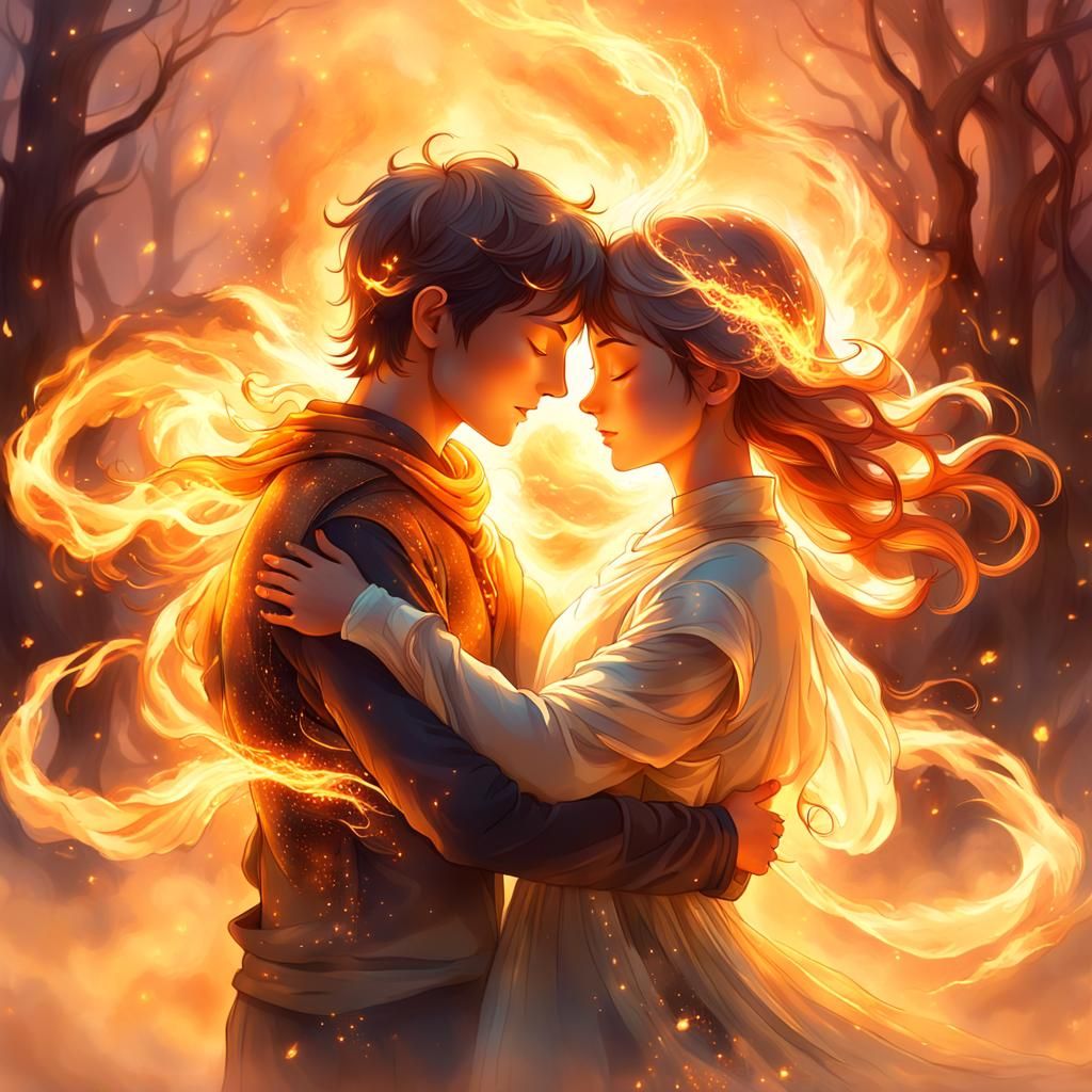 Fiery Embrace in Ethereal Golden Light
