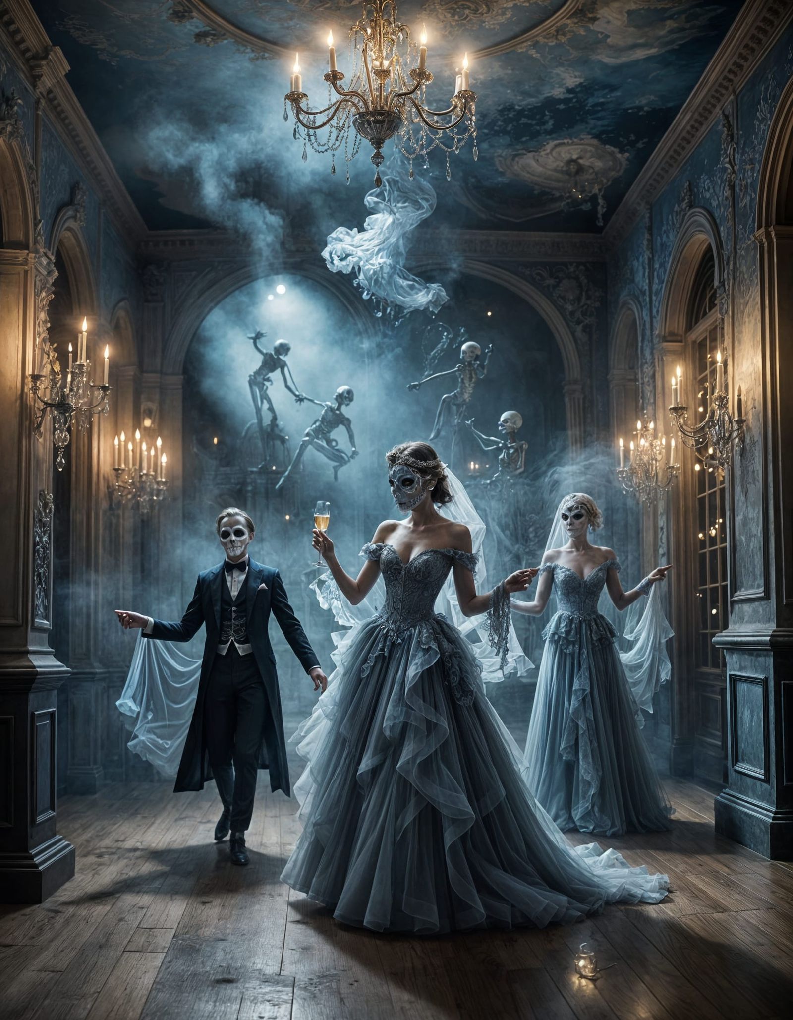 Elegant Undead Masquerade Ball Under Moonlit Ceiling