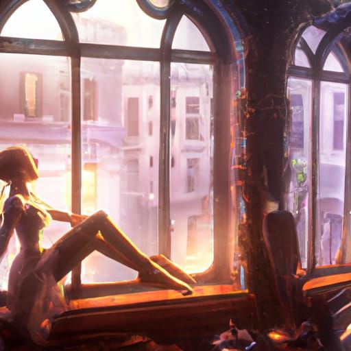 Ballet Dancer Gazing Out Window in Digital Art Style
