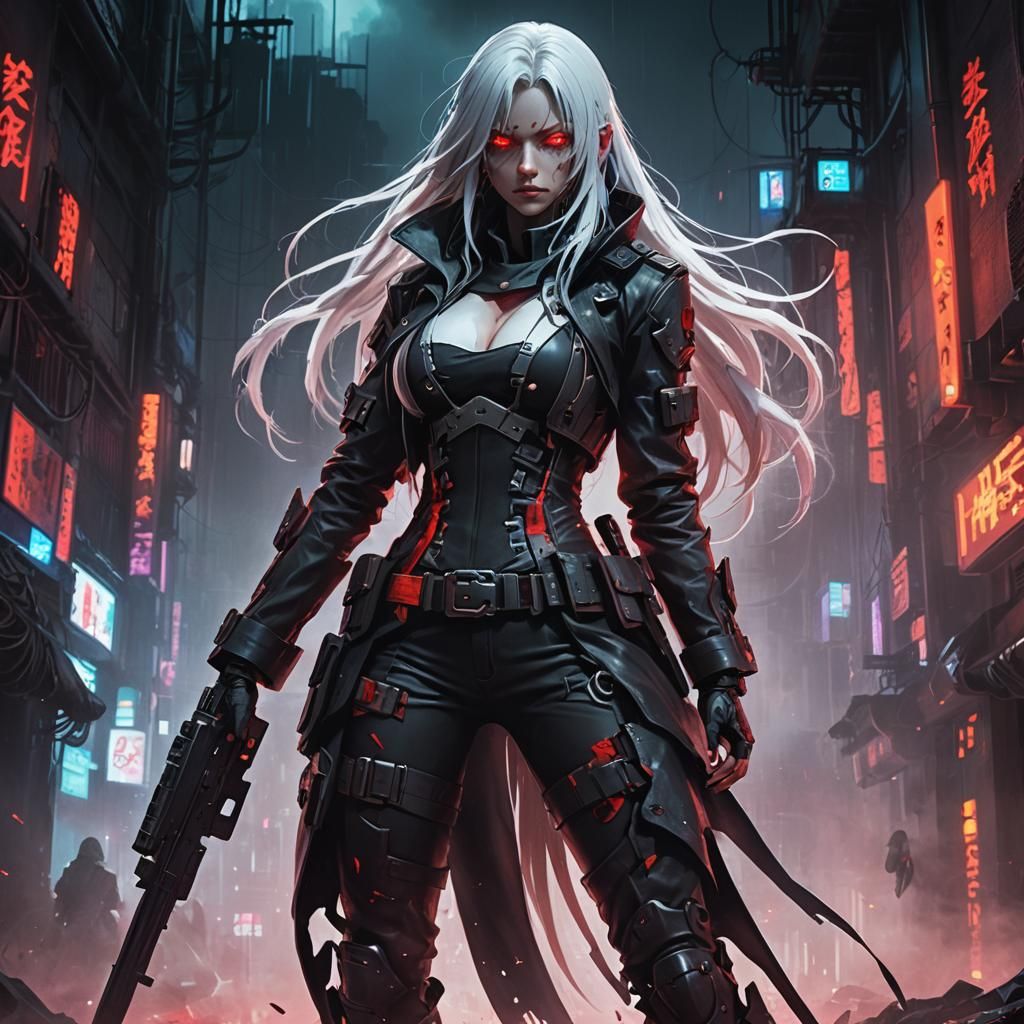 Cyberpunk Assassin in Mist of Blood and Shadows