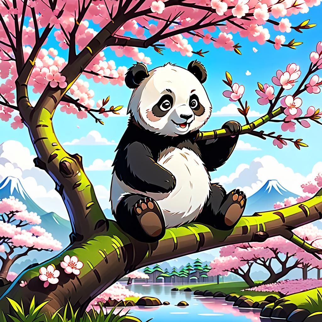 Happy Panda Gazing at Sakura Tree in Cartoon Style