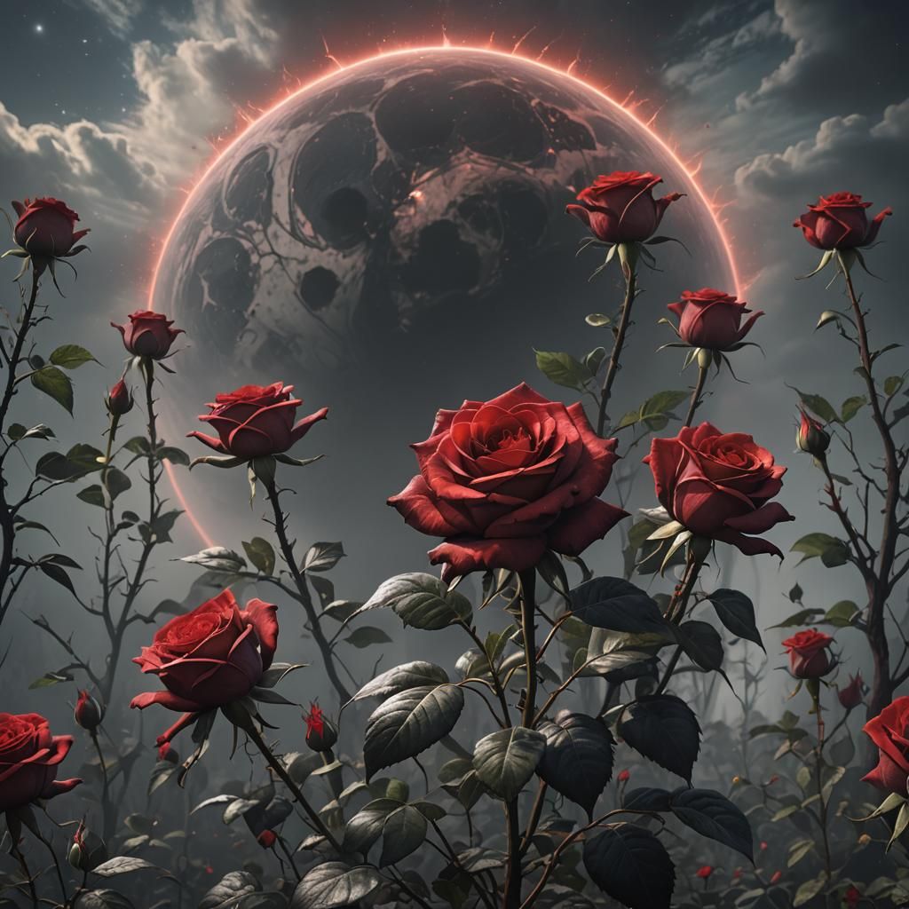 Giant Red Rose Under Mystical Black Sun