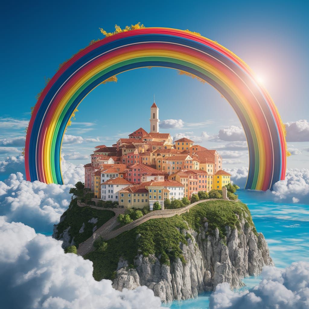 Majestic Rainbow Over Picturesque Town: A 3D Render