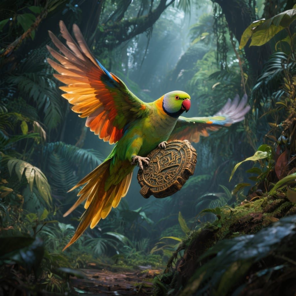Carolina Parakeet Soaring Through Jungle, Digital Art