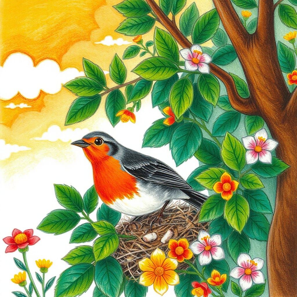 Whimsical Folk Art Bird Builds Nest in Lush Backyard Scene