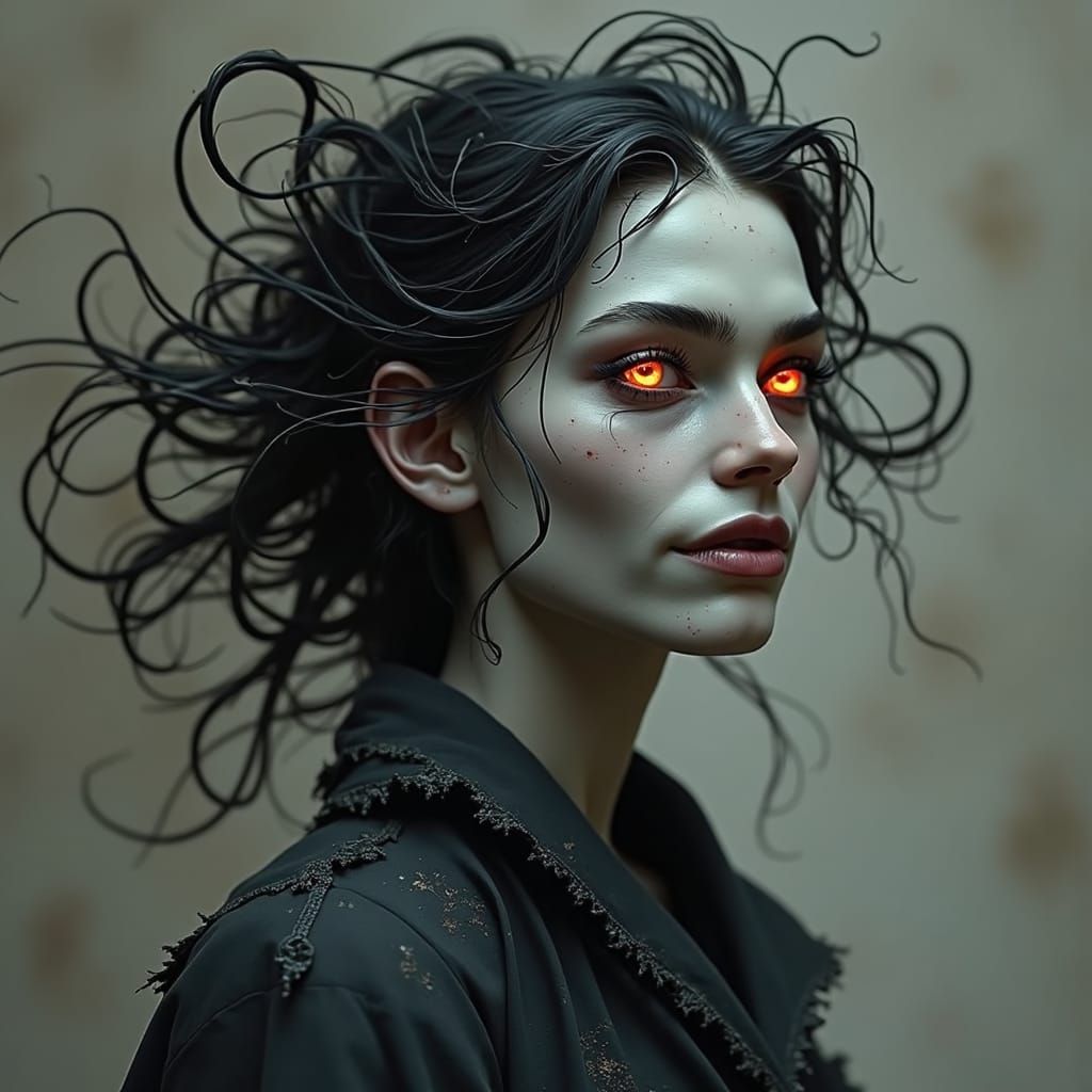 Ethereal Woman with Glowing Eyes in Dark Fantasy Style