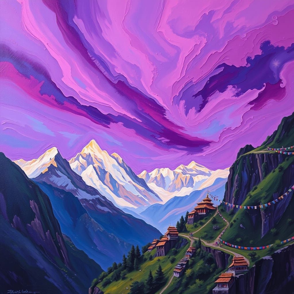 Vibrant Tibetan Landscape in Impasto Oil Painting Style