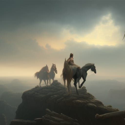 Horses Galloping Through Lake: Dark Fantasy Concept Art