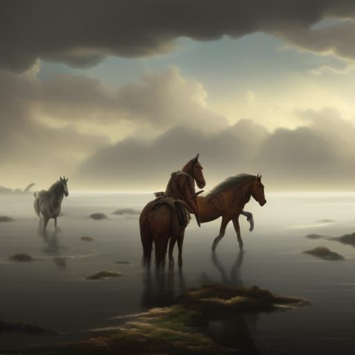 Horses Galloping Through Lake: Detailed Matte Painting