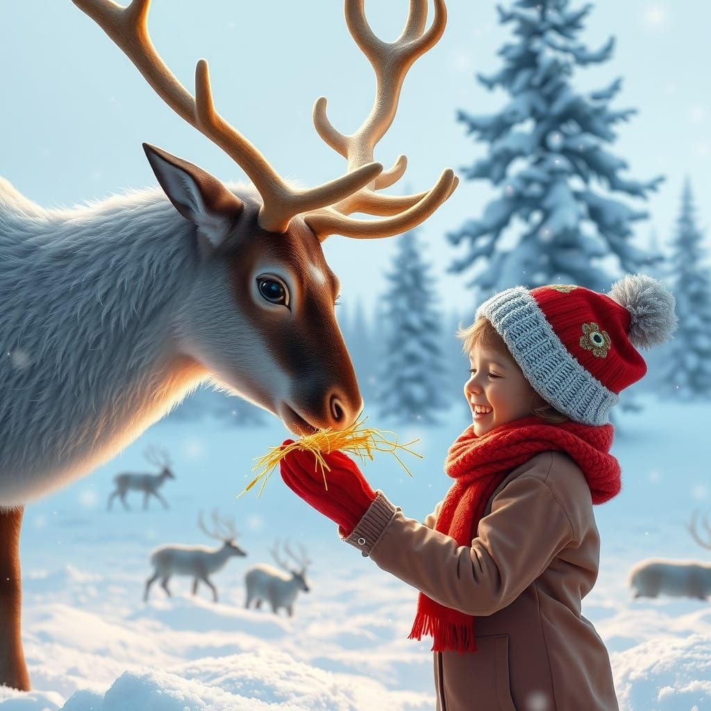Magical Winter Scene: Child and Reindeer Bond in Serene Snow...