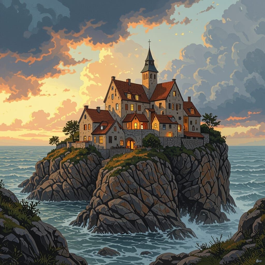 Picturesque Village in Cliffside with Stormy Sky