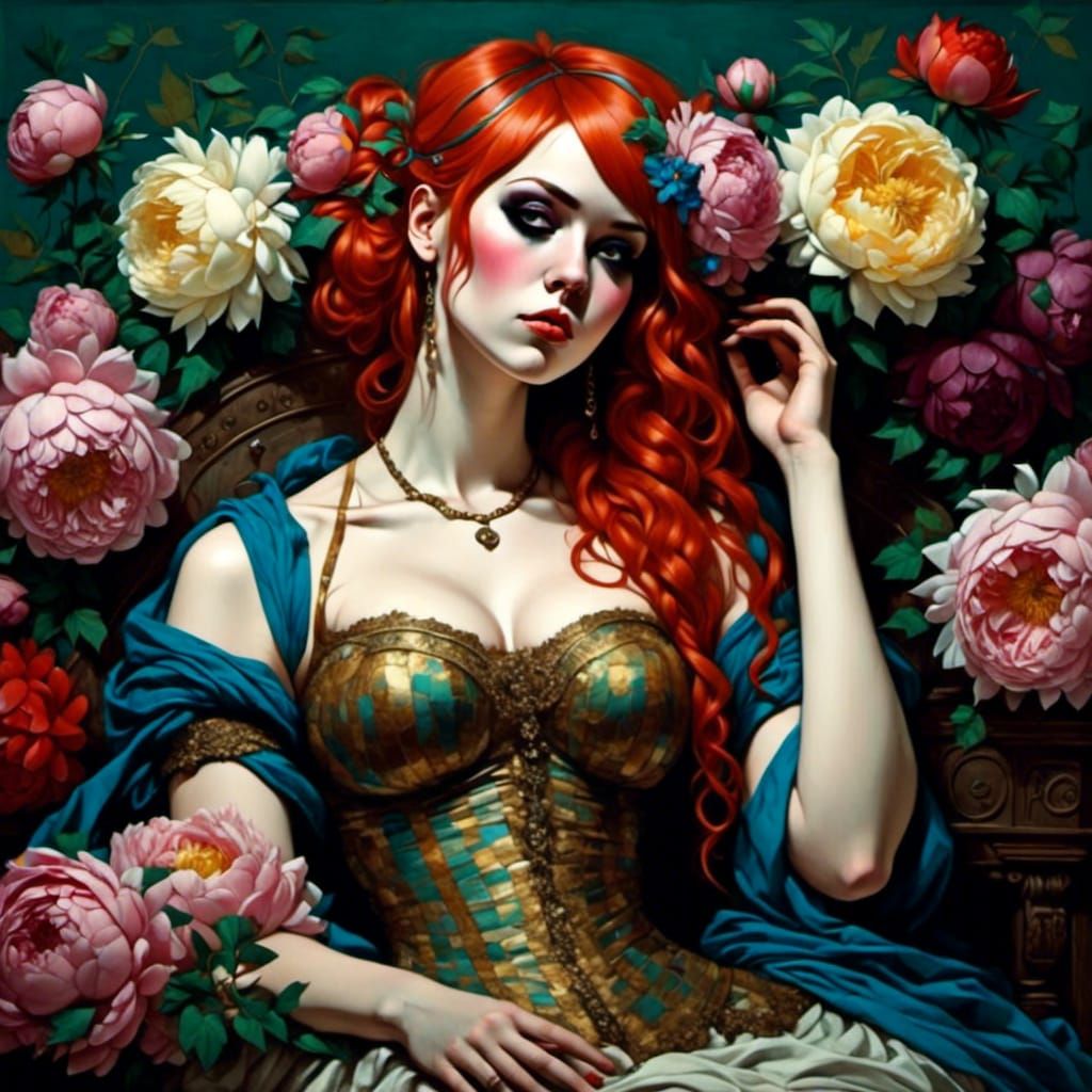 Peony Princess Portrait in Klimt-Renoir Style