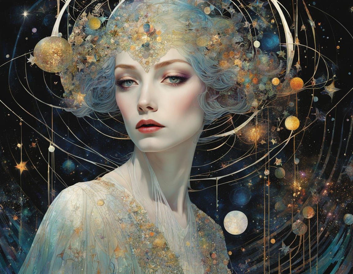 portrait of a ghostly girl with ivory skin a spiritual aura : shiny aura : highly detailed : nacreous filigree : intrica...