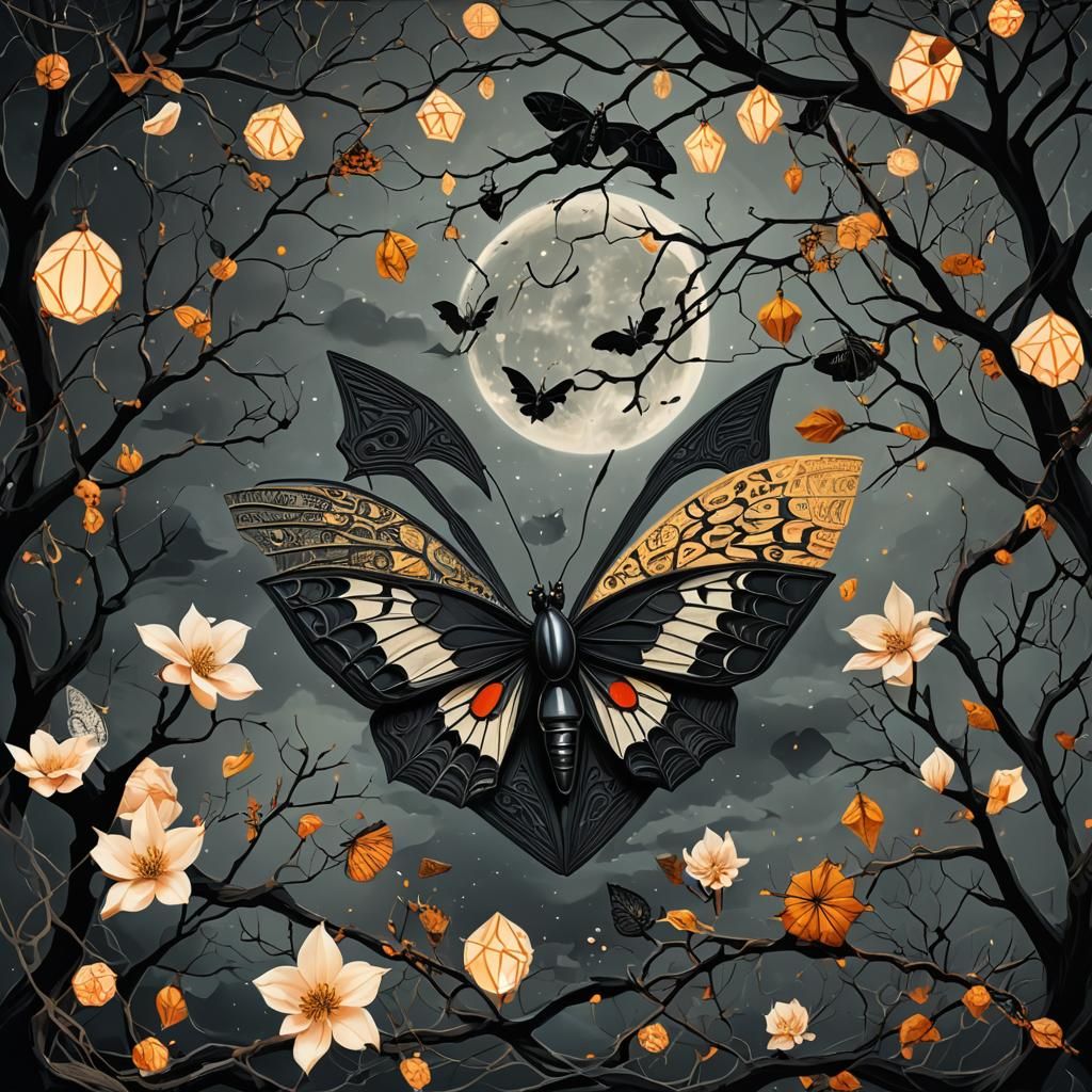 Mystical Obsidian Boat with Moth, in Surrealist Style