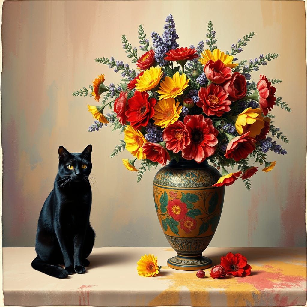 Dreamy Still Life with Kurdish Vase and Enigmatic Cat in Vib...