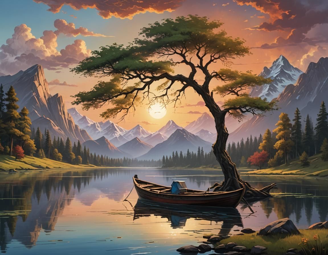 Picturesque Lakeside Sunset Painting in Impressionist Style