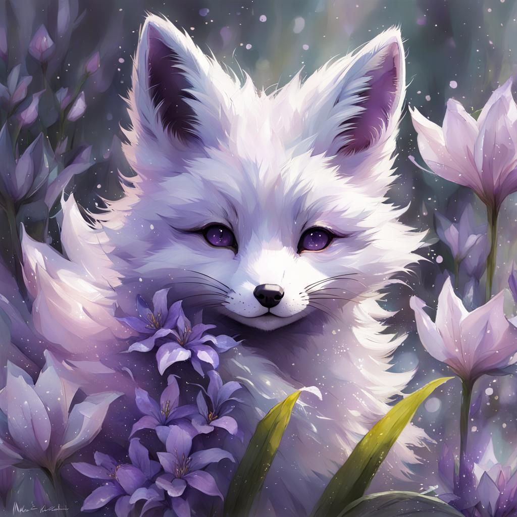 Mystical Purple Fox Cub with Lilies